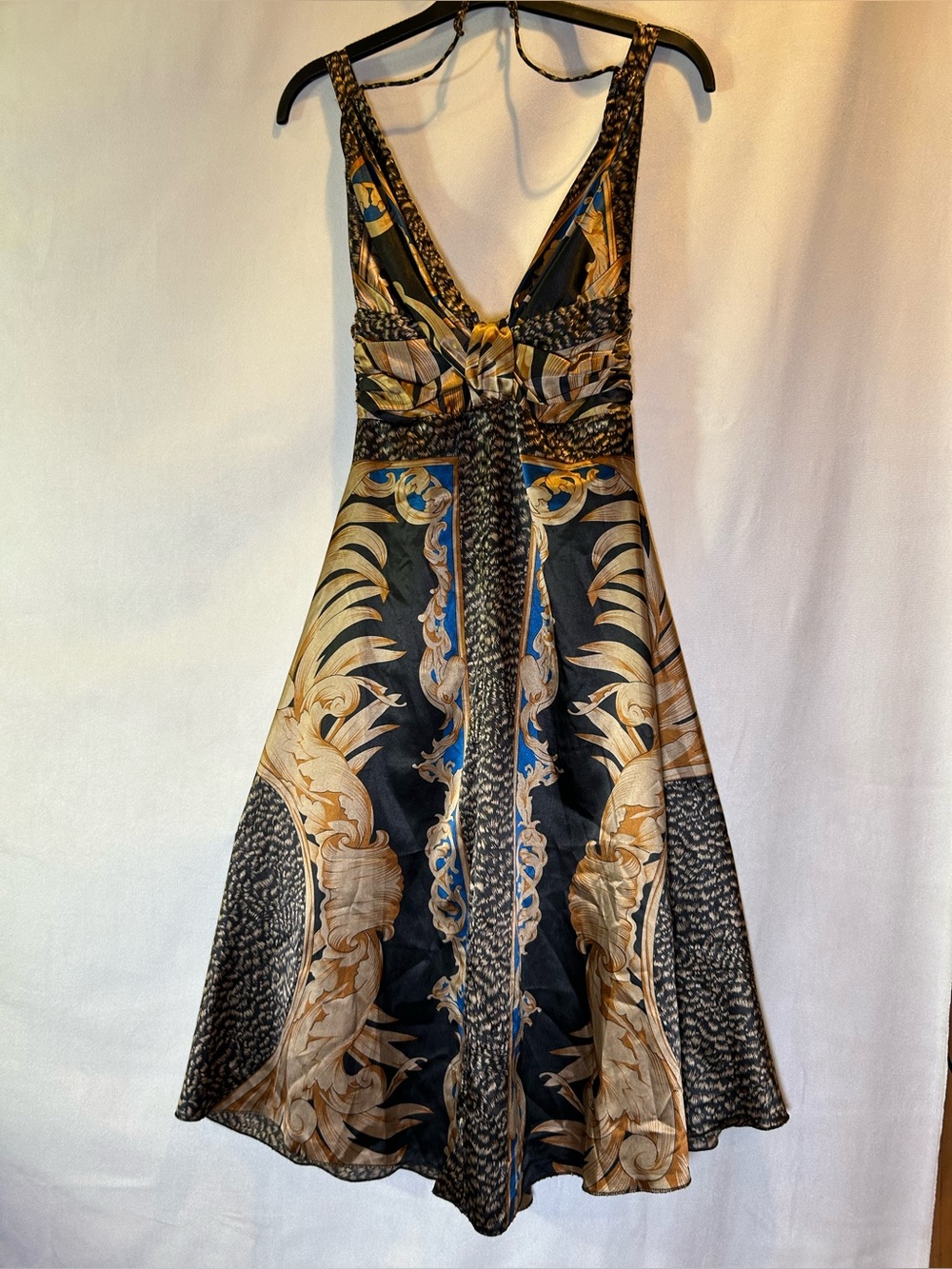 Le Chateau Vintage Y2K Satin Halter Midi Dress Mixed Baroque Scarf Print XXS